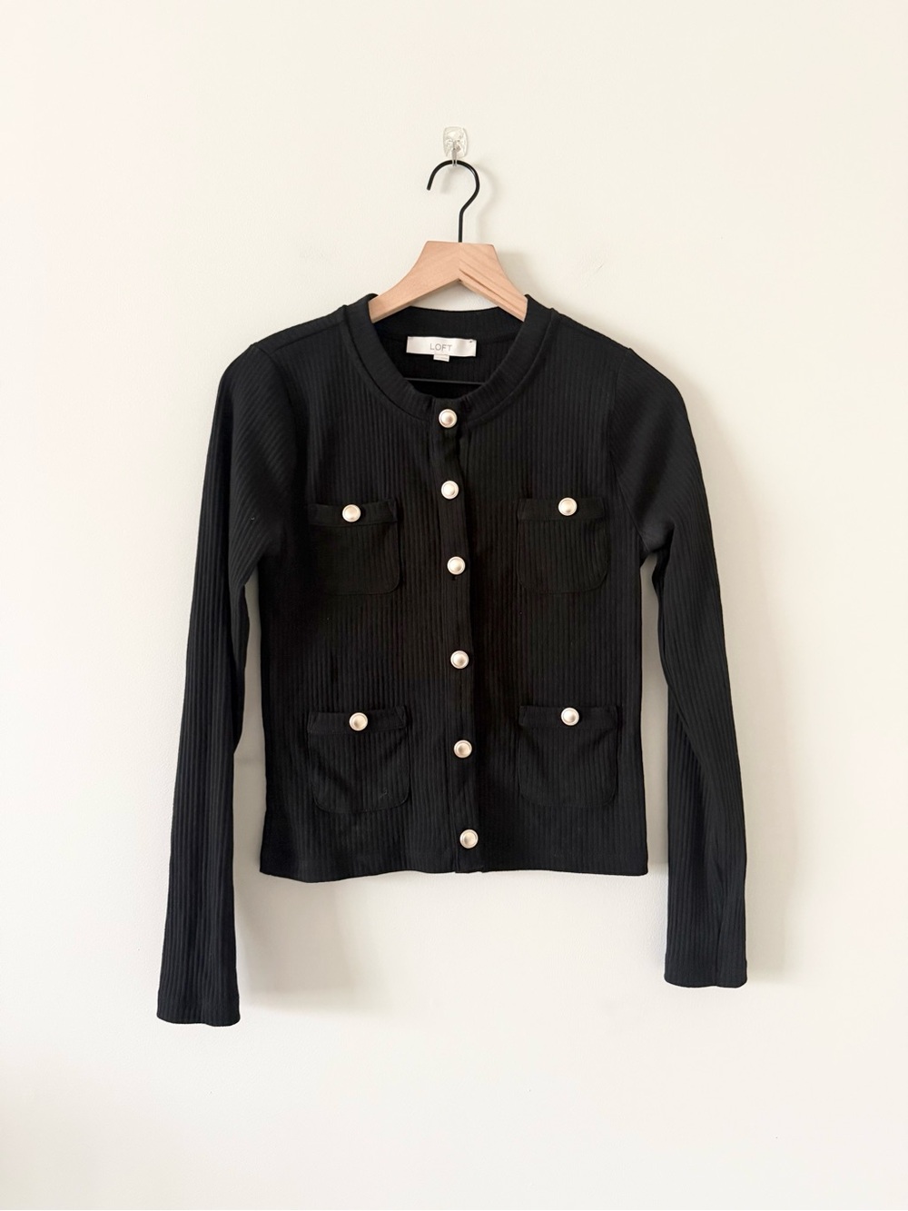 LOFT Black Ribbed Knit Cardigan Jacket with Pearl Buttons - Size M